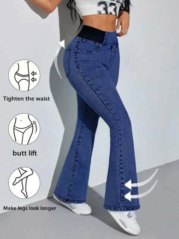 Women's Back Shirred Jeans, Mid - Rise Elasticity Waist Flared Jeans