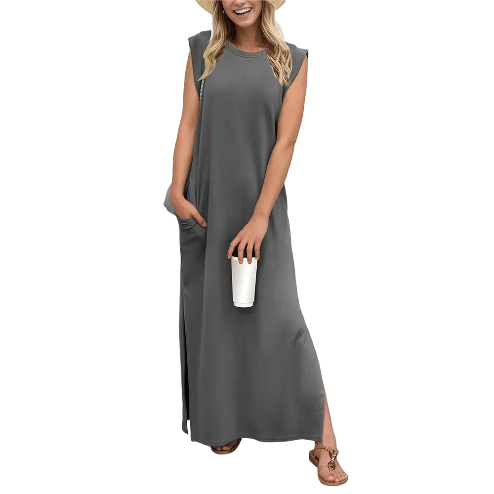 2026 Women Summer Round Neck Casual Loose Split Wrinkle-Free Long Maxi Vacation Dress with Pockets