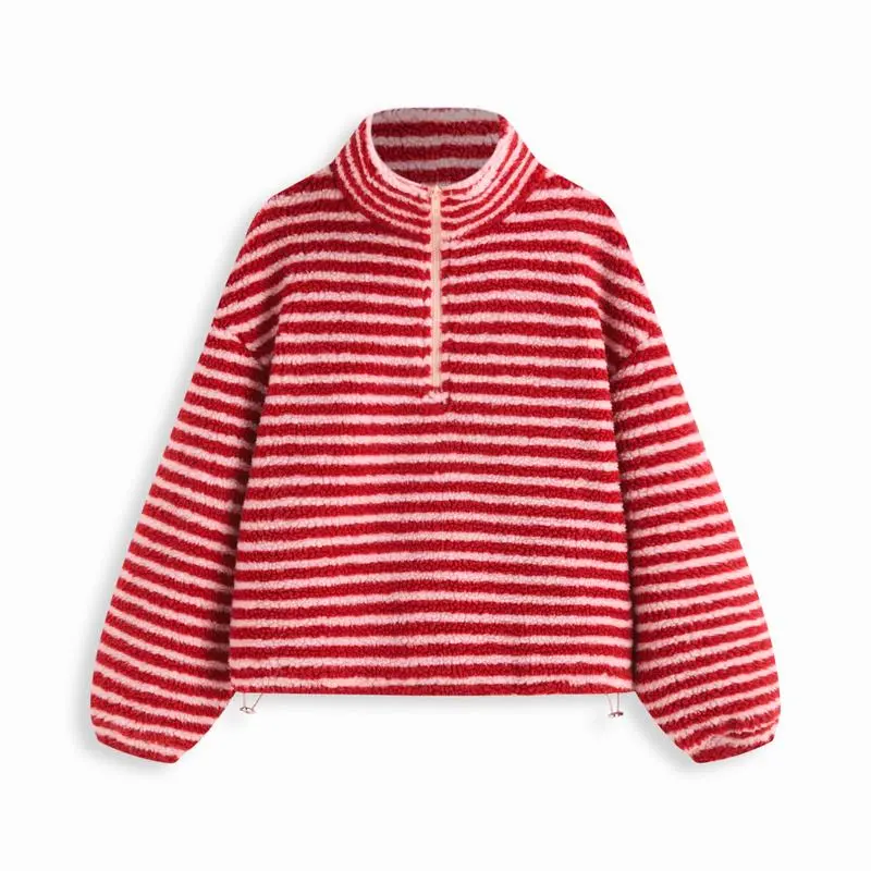 Fleece Stripe Stand Collar Drawstring Half Zip Oversized Sweatshirt