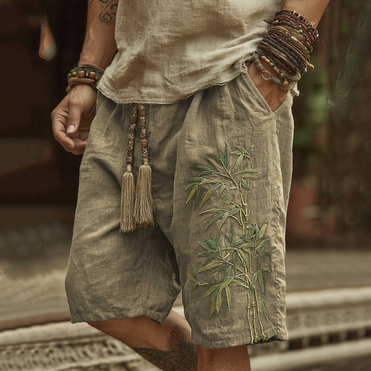 Japanese Bamboo Embroidery Art Linen Blend Casual Shorts