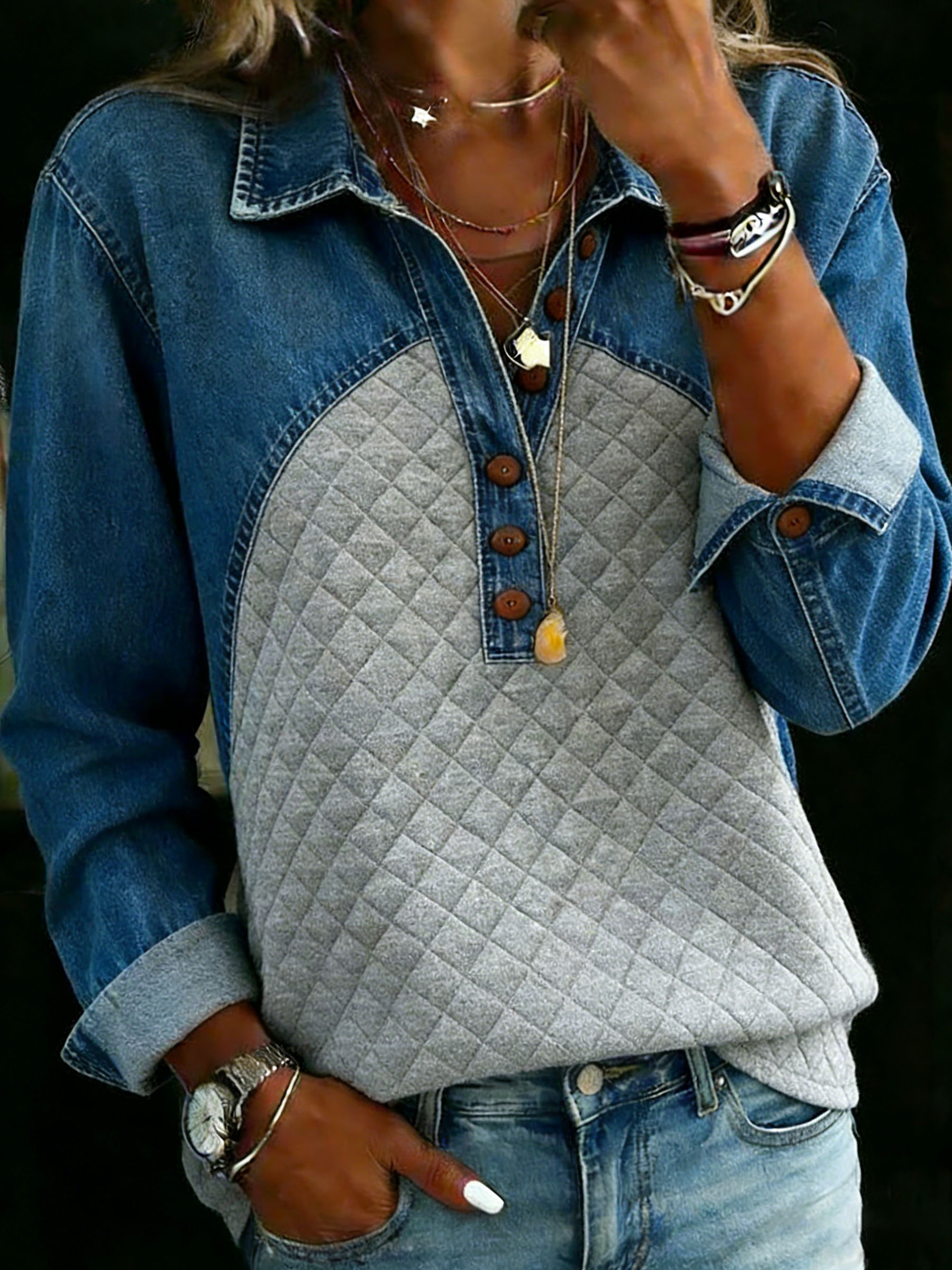 Women's Casual Denim Patchwork Contrast Color Shirt
