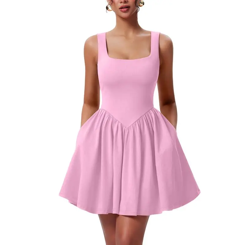 Women's Square Neck A-line Ruffle Hem Mini Tank Dress with Pockets