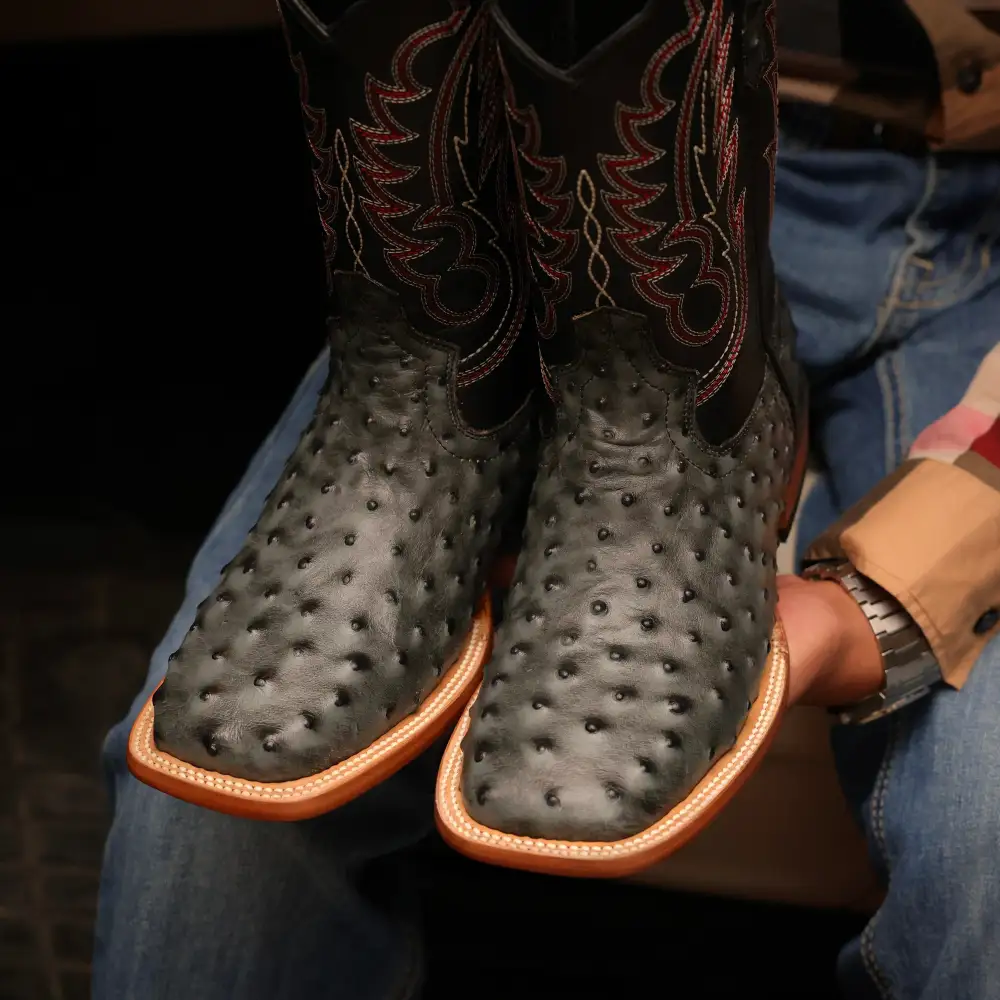 Grey Ostrich Leather Boots — Square Toe
