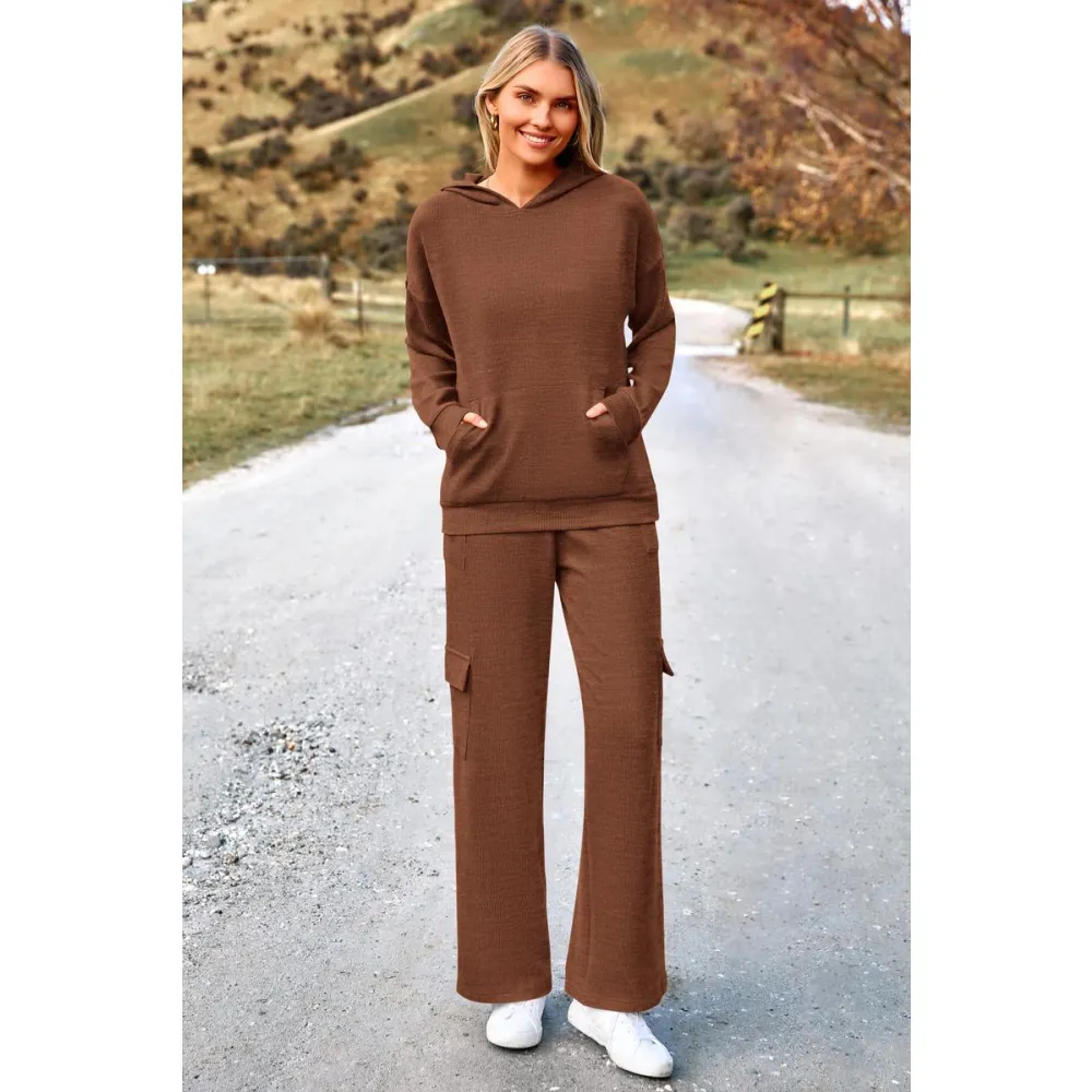 Women’s Casual Knit Tracksuit – Hoodie & Wide Leg Pants with Pockets