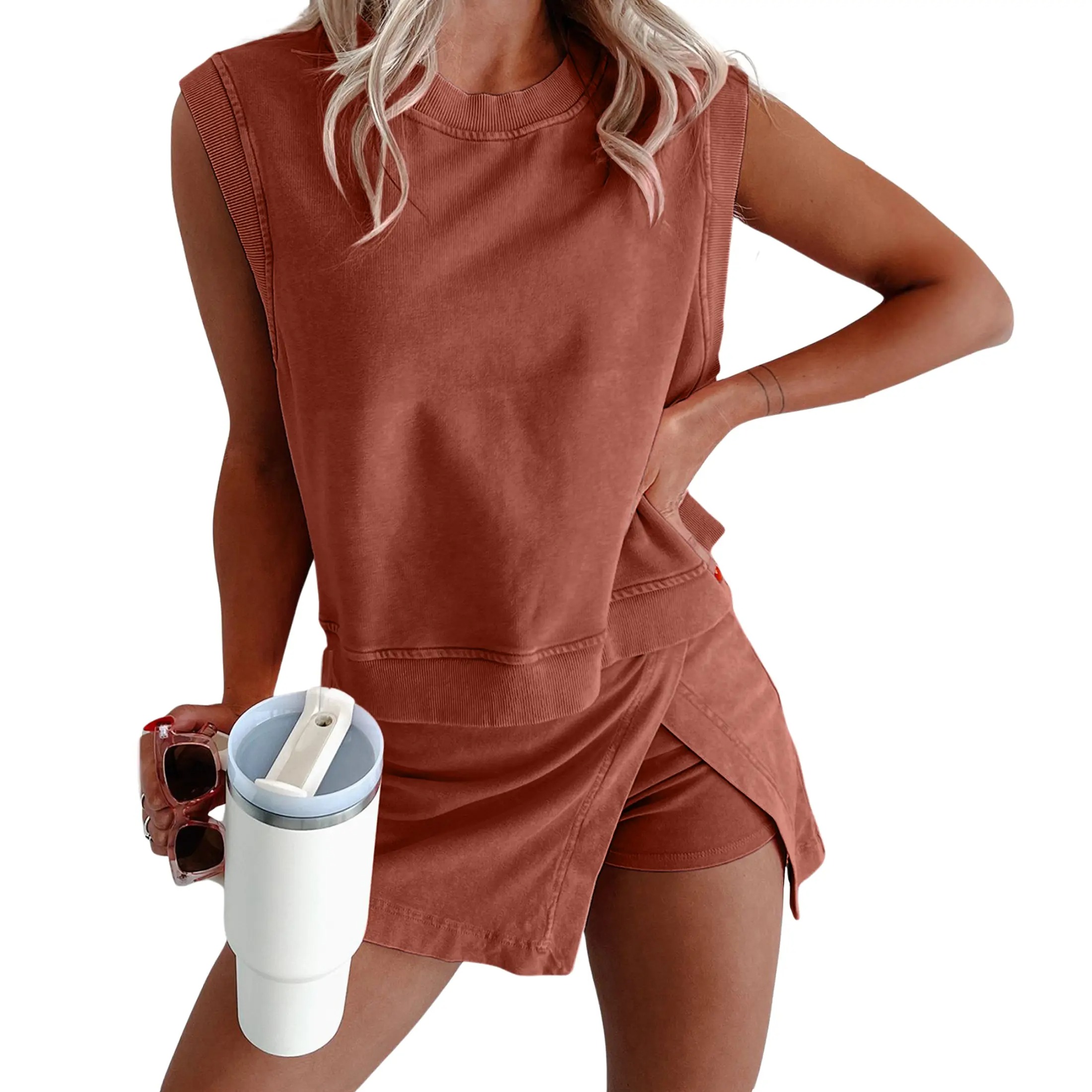 Tanming Womens Travel Outfits Summer Lounge Set Two Pieces Mineral Wash Cotton Tank Top Lined Split Athletic Skirt Set SummerFreshness