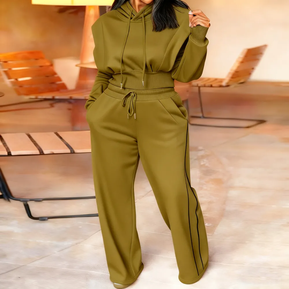 Hooded Long Sleeve Sweatshirt and Casual Wide Leg Sweatpants Set