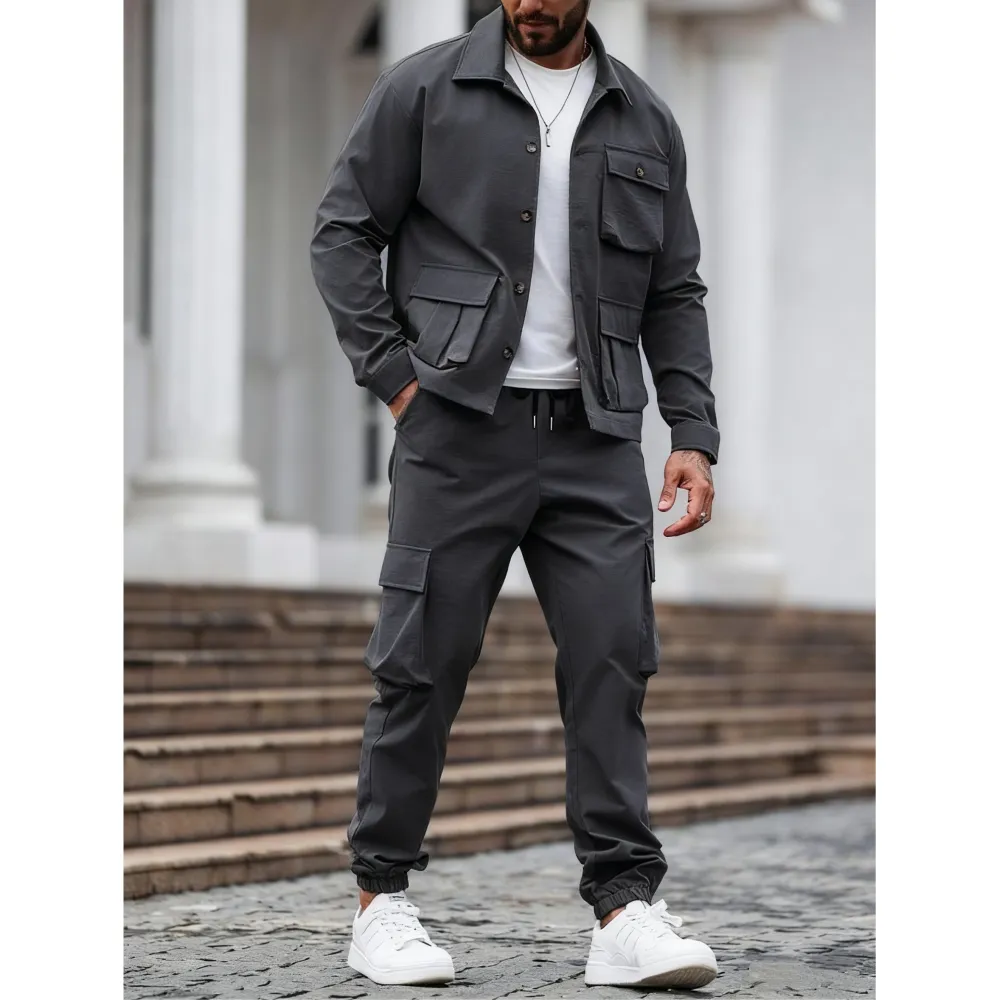 Men's Solid Color Pocket Button Front Jackets & Pants Two-Piece Set