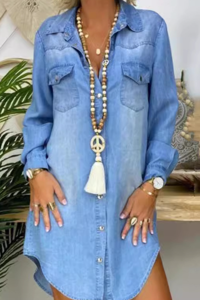 Women's Flip Collar Buckle Wash Water Casual Loose Dress