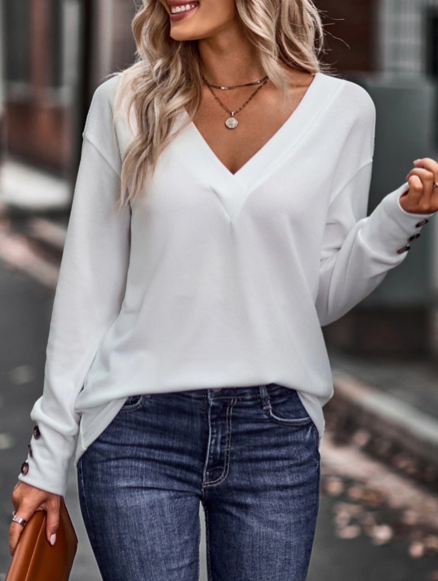 Solid V Neck Button Loose Long Sleeve Tee_CWTTL01231