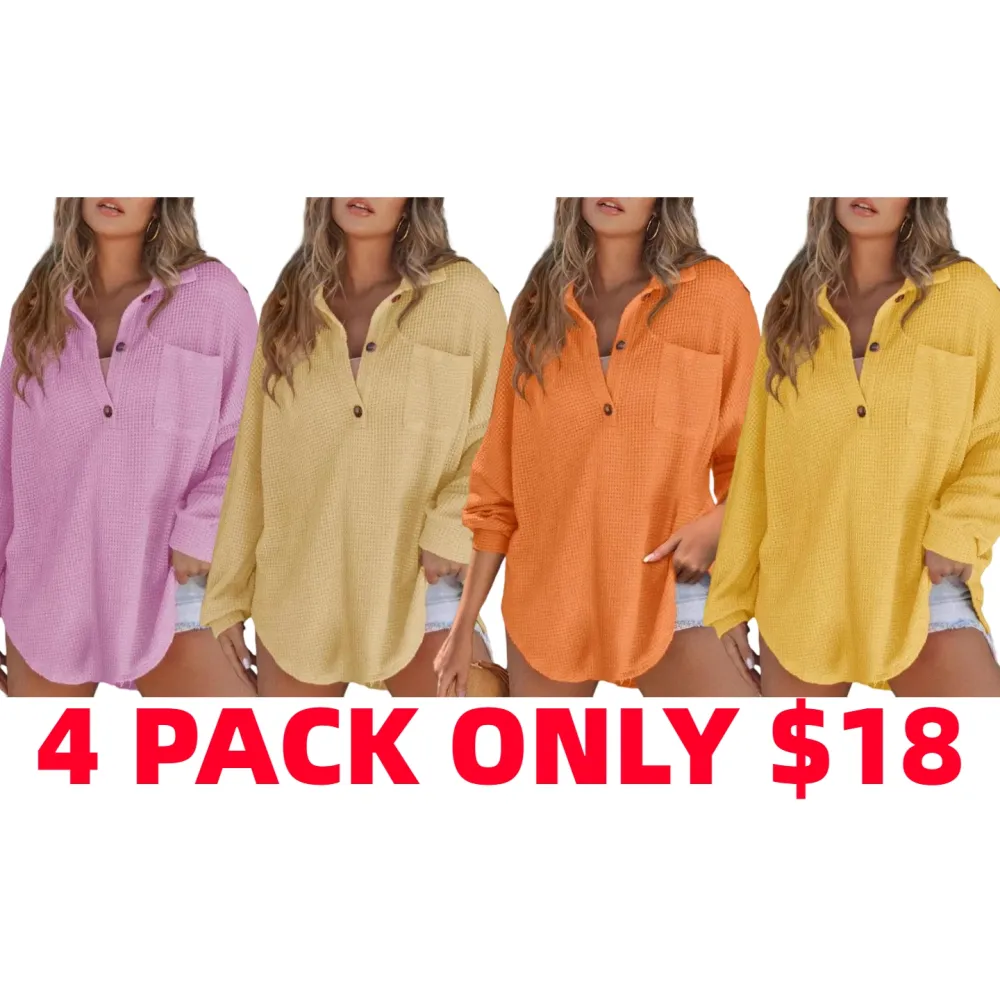 Women's Oversized Henley Waffle Shirts Tops