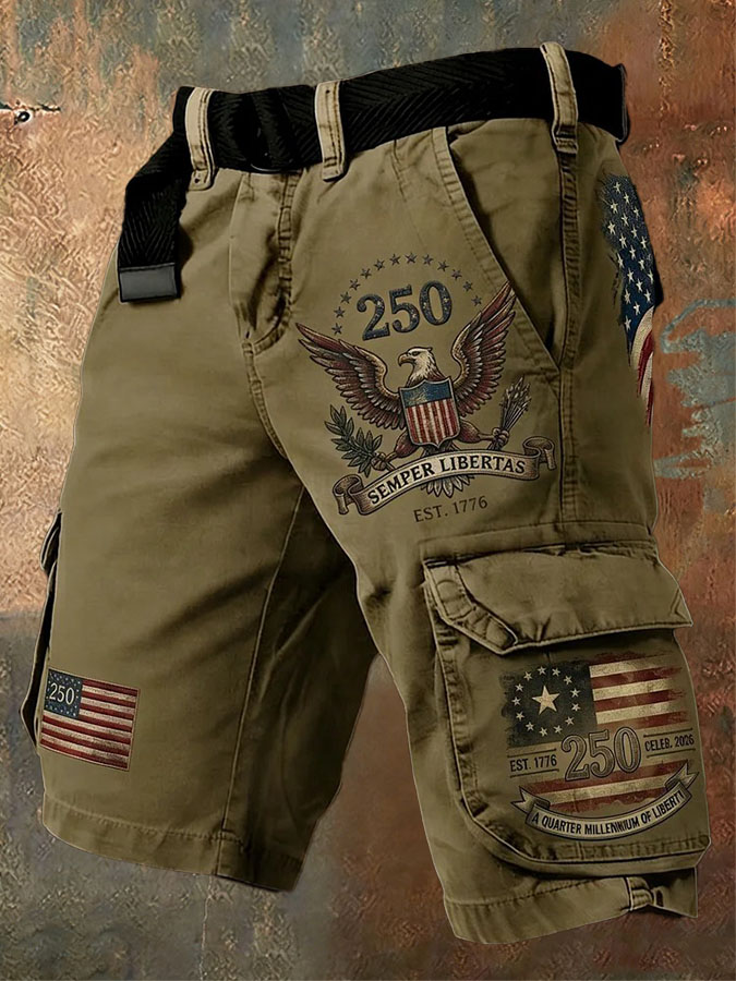 Men'S Retro American Independence Day Anniversary Printed Workwear Shorts (Excluding Waistband)