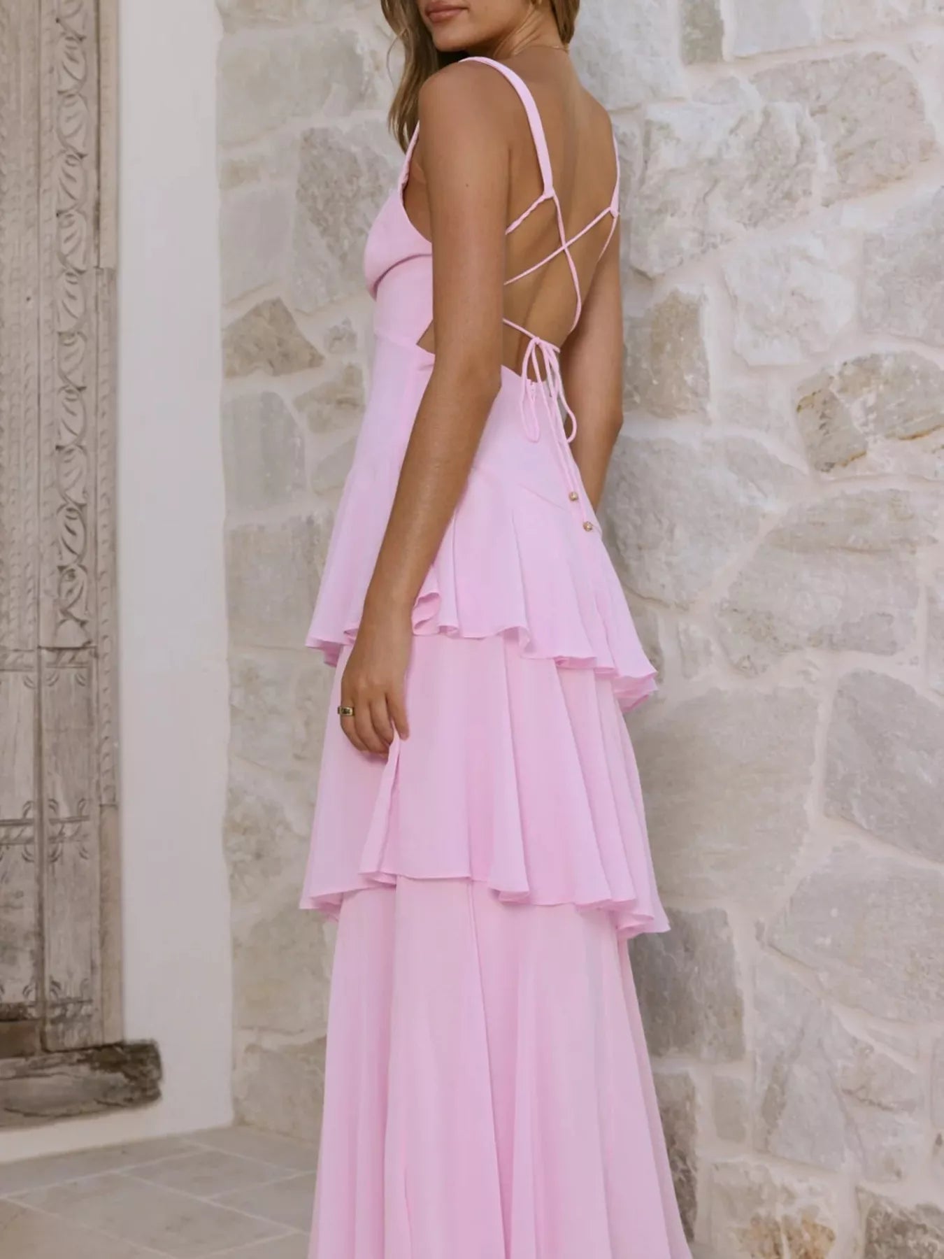 Sleeveless Ruffled Layered Backless Maxi Dress