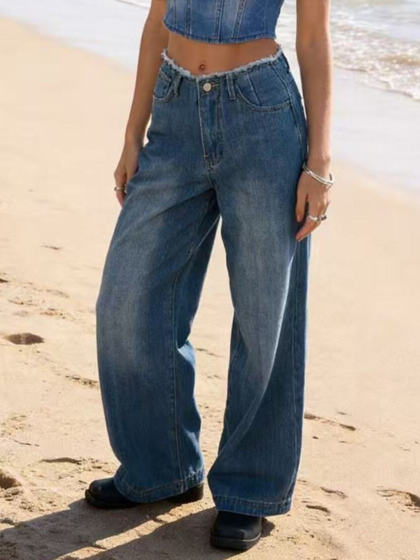 Frayed Hem Wide Leg Jeans