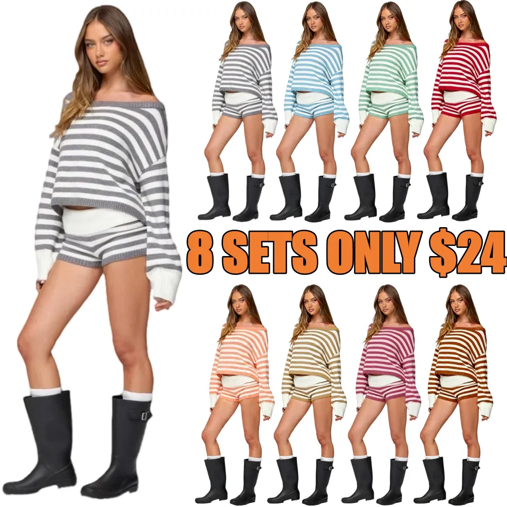 Women's StripedKnit Casual Sweater & Shorts Set