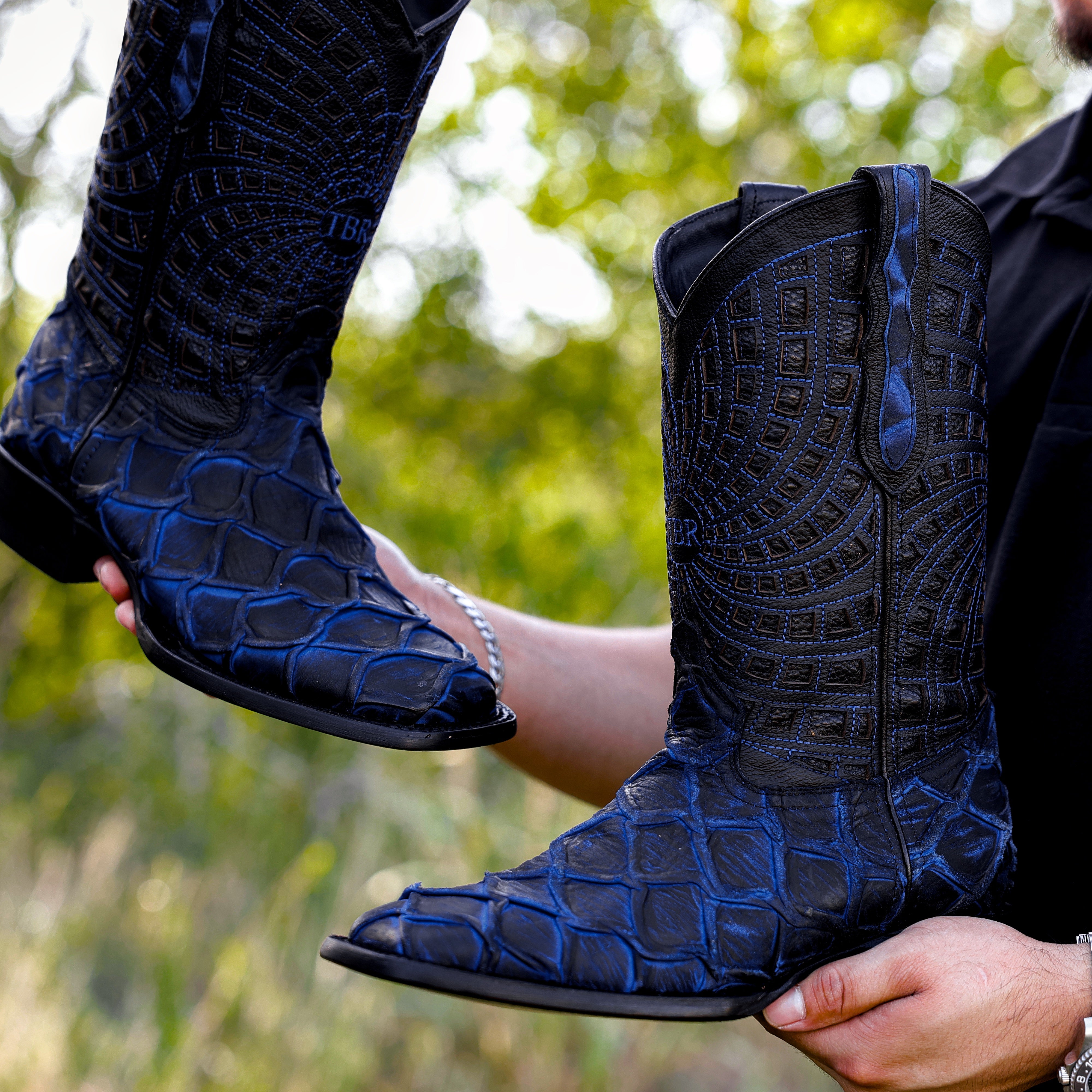 Matte Rustic Electric Blue Pirarucu Leather Boots - Square Toe