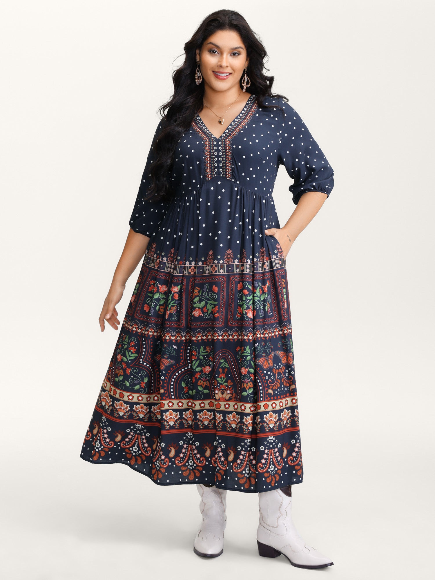 Boho Floral Print Pockets Contrast Maxi Dress