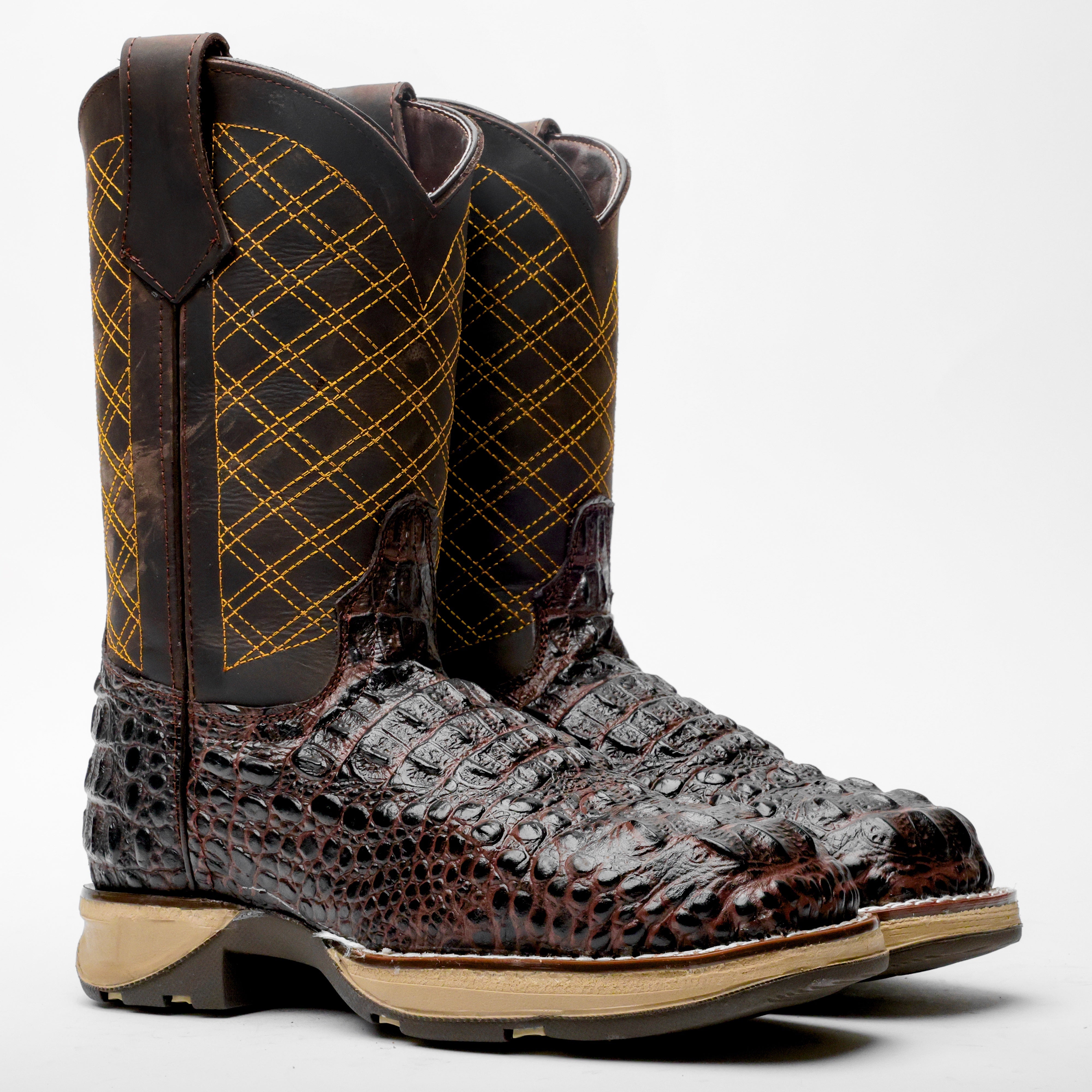 Brown Caiman Neck Leather Boots With 3D Lightweight Sole - Composite Toe