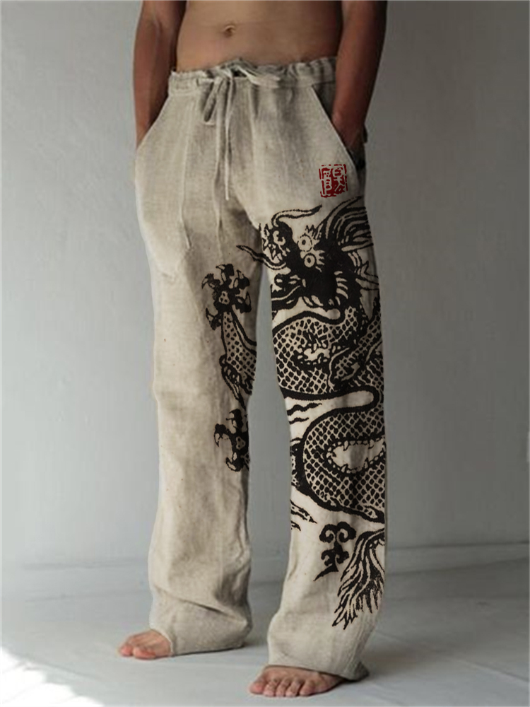 Ancient Dragon Japanese Lino Art Linen Blend Casual Pants