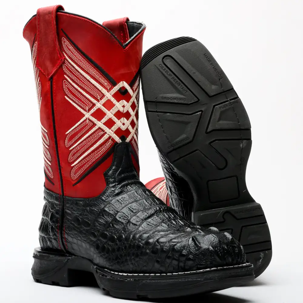 Black Caiman Neck Leather Boots With 3D Lightweight Sole - Composite Toe