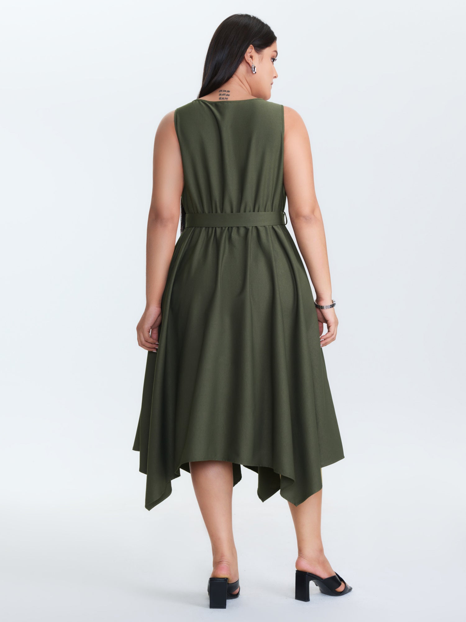 Waist-Tie Asymmetrical Hem Pockets Midi Dress