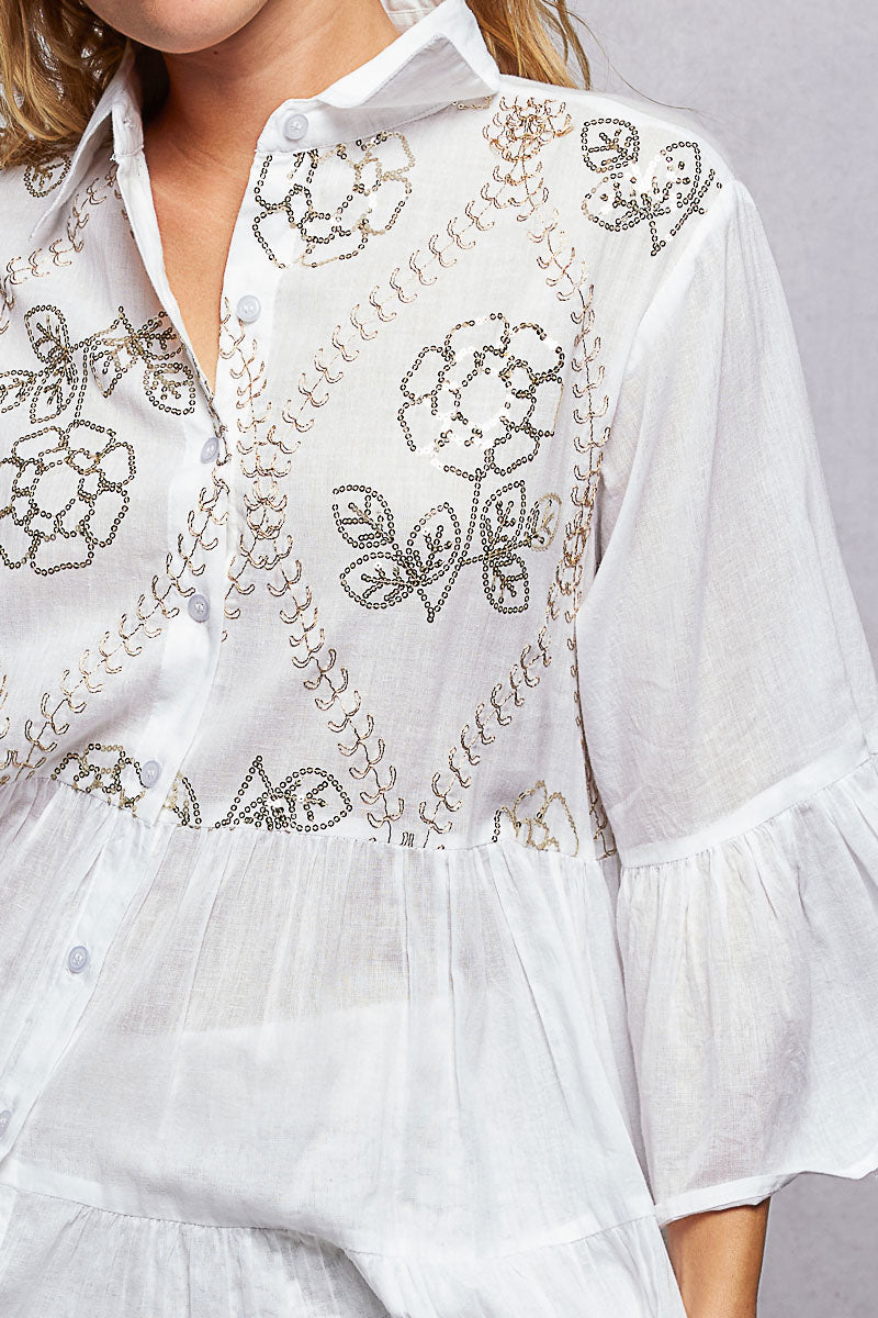 Floral Sequin Embroidered Mini Tiered Shirt Dress