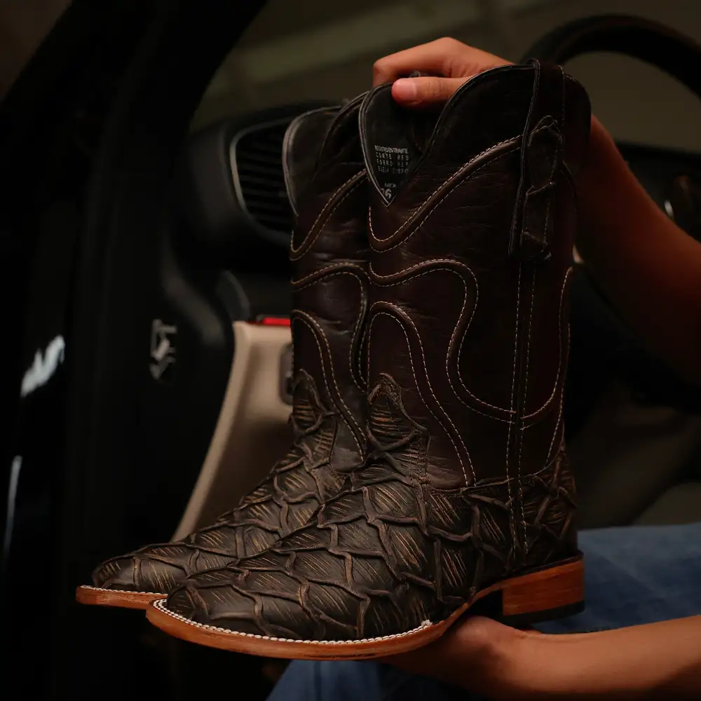 Brown Rustic Pirarucu Leather Boots - Square Toe