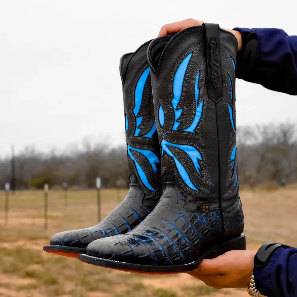 Black/Blue Caiman Hornback Leather Boots - Square Toe