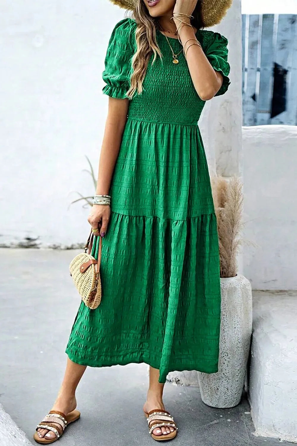 Smocked Puff Sleeve Midi Dress