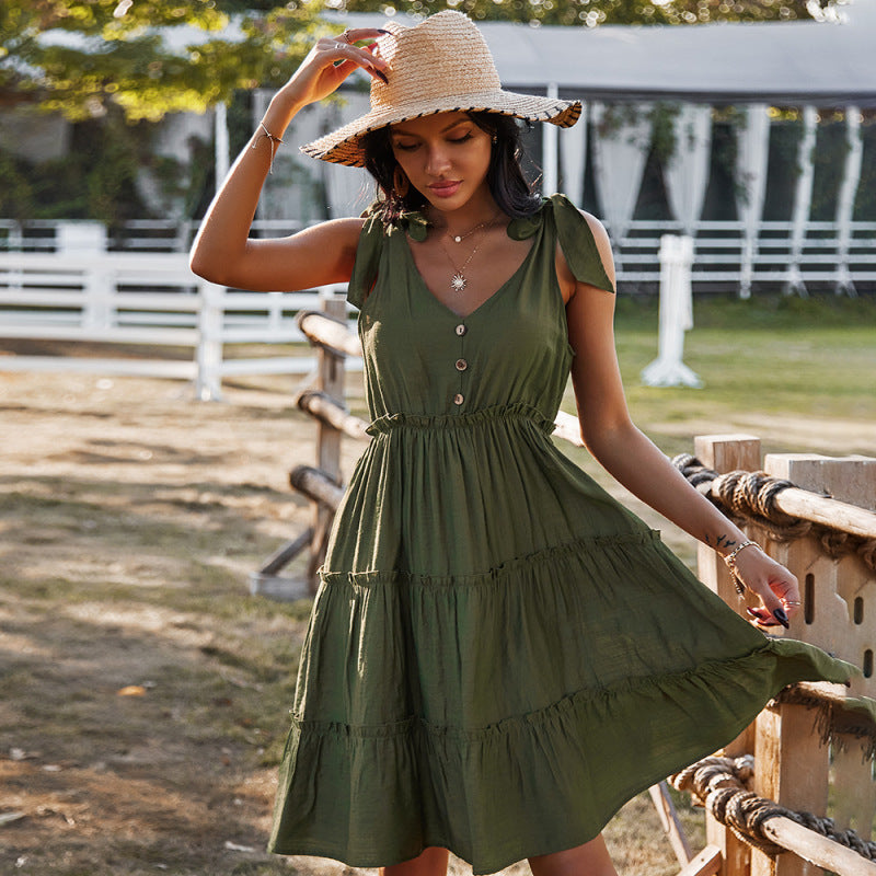 V-Neck Solid Color A-Line Skirt Vacation Dress