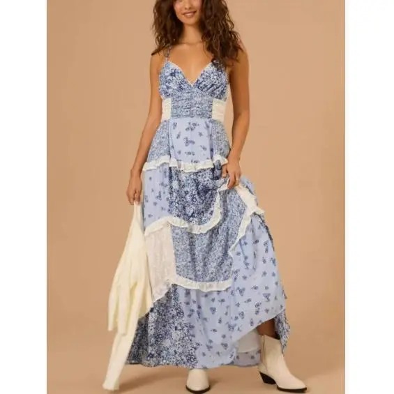 ⚡Today Only Deal🔥Women's Lace Patchwork Puff Short Halter Smocked Tiered Dress