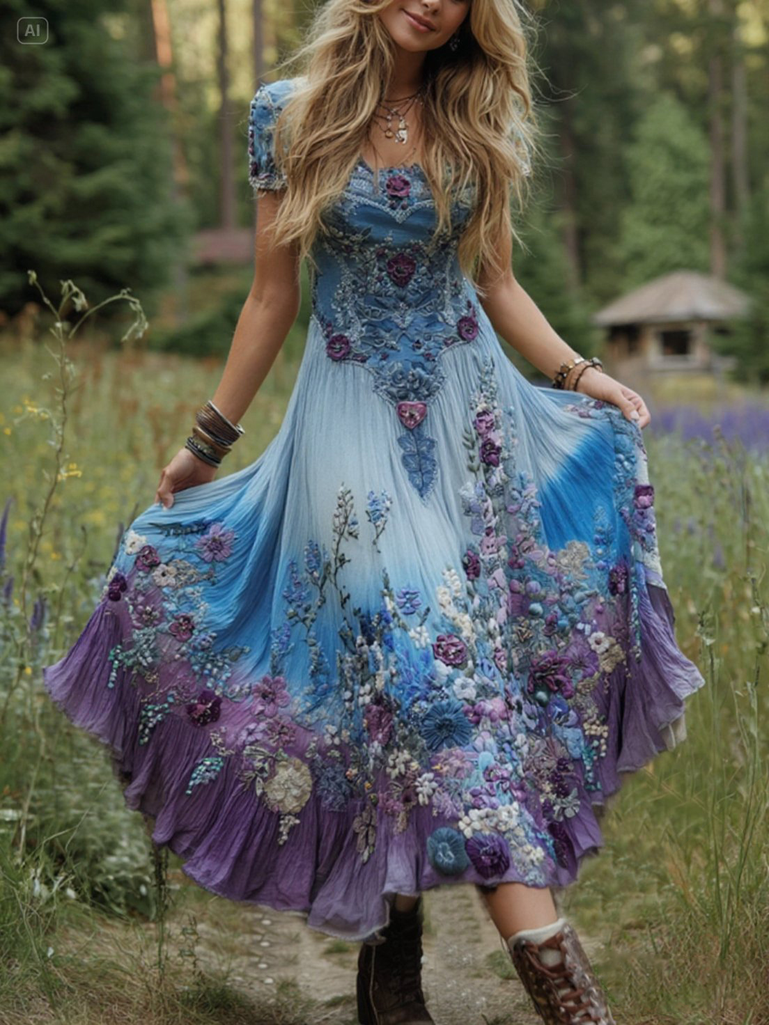 Classy Gradient Purple Lavender And Floral Embroidered Linen Maxi Dress