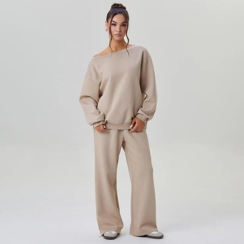 🔥Last Day 89% OFF🔥Women's Leisure Solid Color Sloping Shoulder Long Sleeve Top & Wide Leg Trousers Set