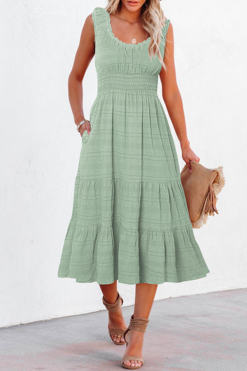 Sky Blue Shirred Pleated Square Neck Sleeveless Midi Dress