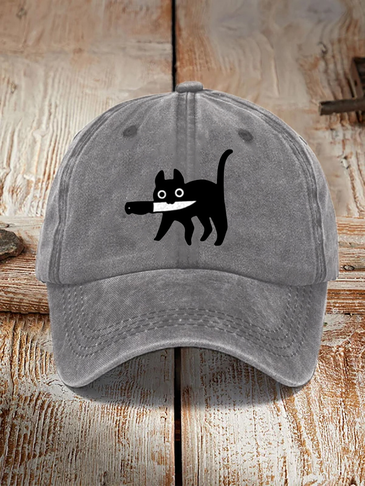 Funny Black Cat Print Washed Hat
