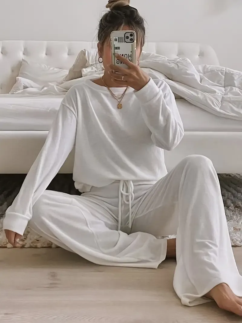 Women's Solid Casual Lounge Set, Long Sleeve Round Neck Top & Elastic Drawstring Pants, Comfortable Relaxed Fit For Fall