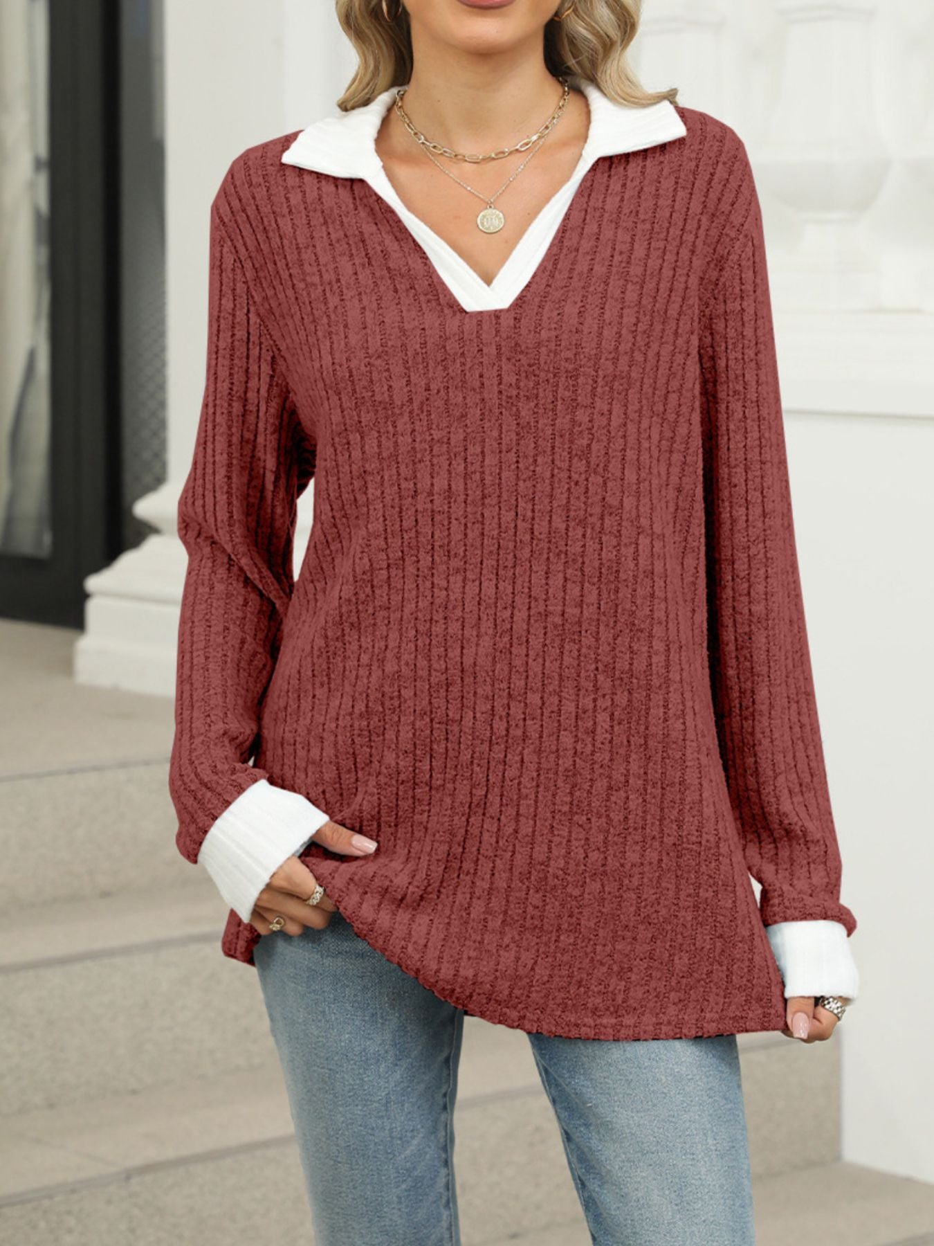 Ribbed Knit Long Sleeve T-Shirt