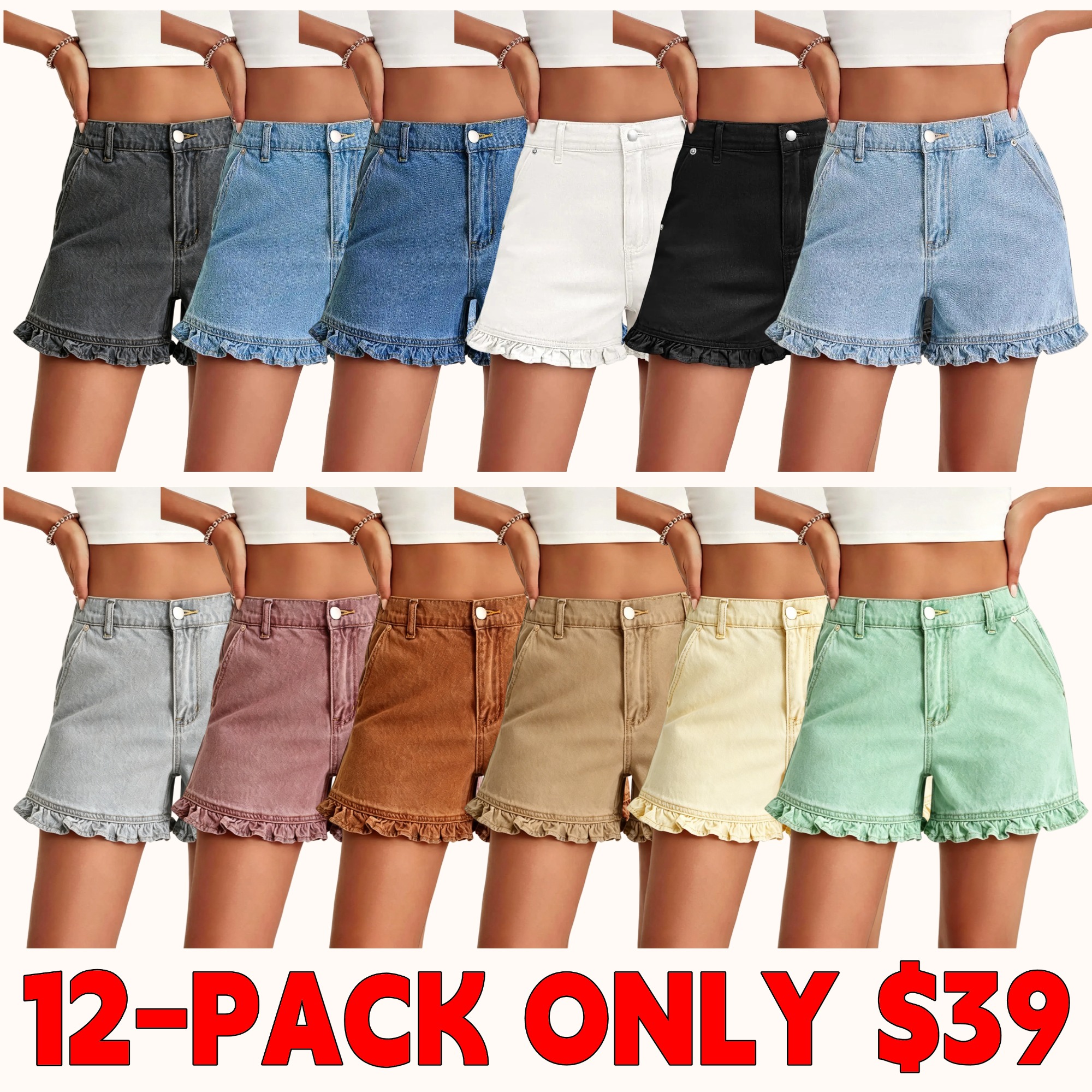 Women's Summer Ruffled Denim Shorts — Cute High-Waisted, Pure Cotton Denim Shorts with Pockets