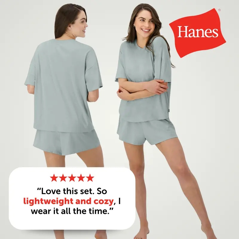 Hanes Originals 2 Piece Lounge Set Comfywear Supersoft Boxy T-shirt & Sleep Shorts Loungewear Women's Comfortable Fit Soft Stretch Fabric Breathable Hla202