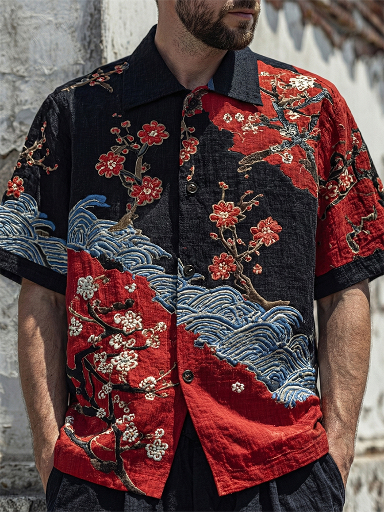 Men's Japanese Cherry Blossom And Wave Art Pattern Short Sleeve Shirt
