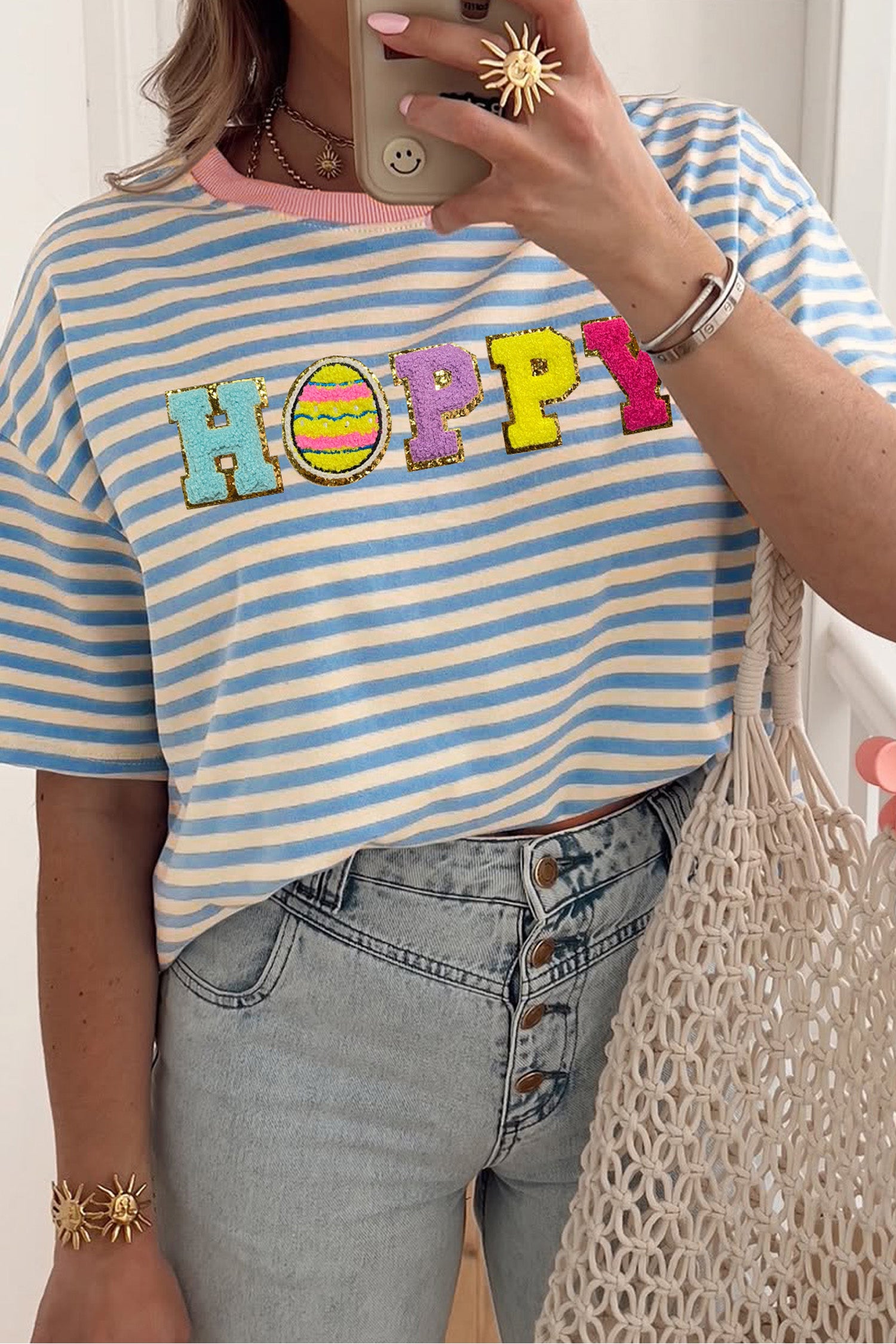 Sky Blue Stripe Hoppy Chenille Patched Graphic Crew Neck Tee