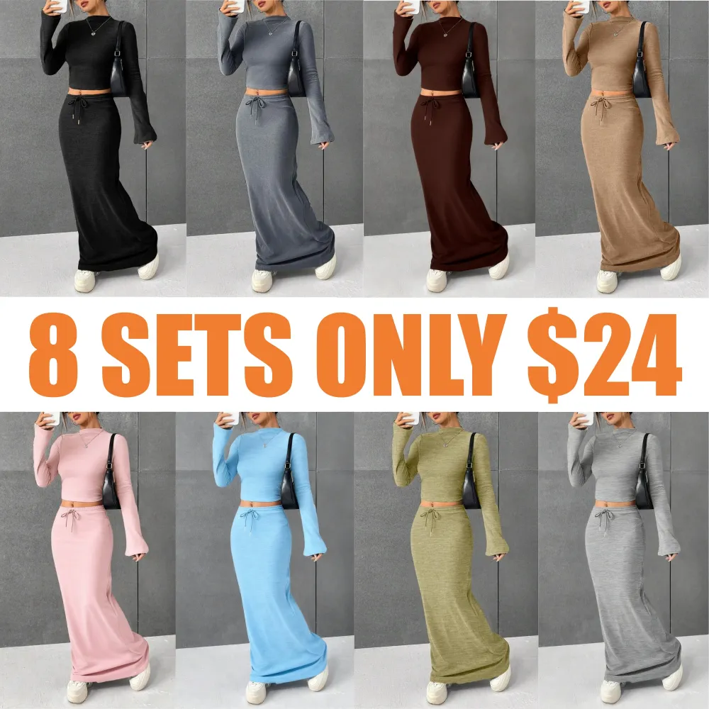 Women's Solid Flounce Sleeve Crop Tee & Skirt Two-piece Set