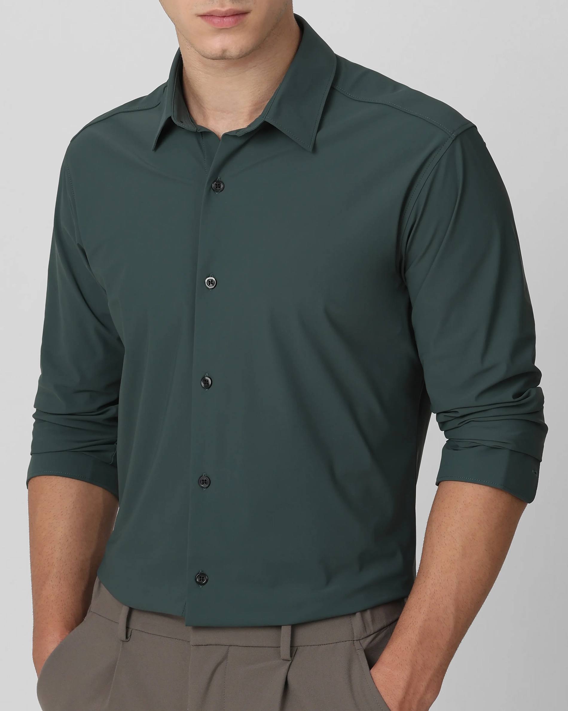 Leisure Soft And Comfortable Slim-Fit Dark Green Shirt