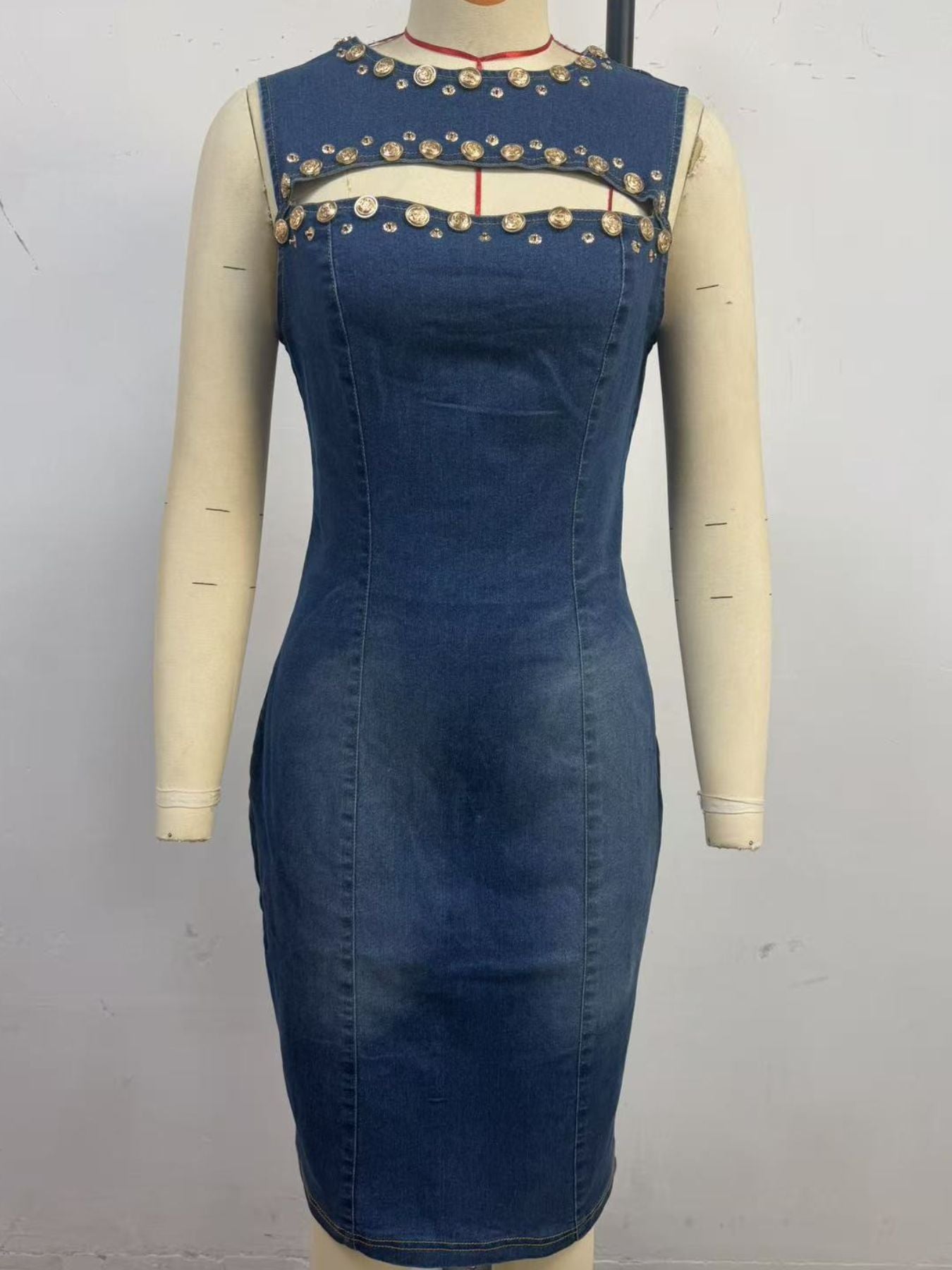 Embellished Cutout Sleeveless Denim Dress