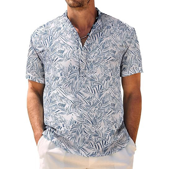 Men's Casual Henley Shirt Band Collar Short Sleeve Shirt Summer Beach Hippie T-Shirt
