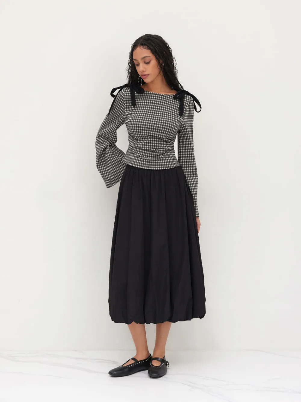 Boat Neck Gingham Bowknot Ruched Long Sleeve Top