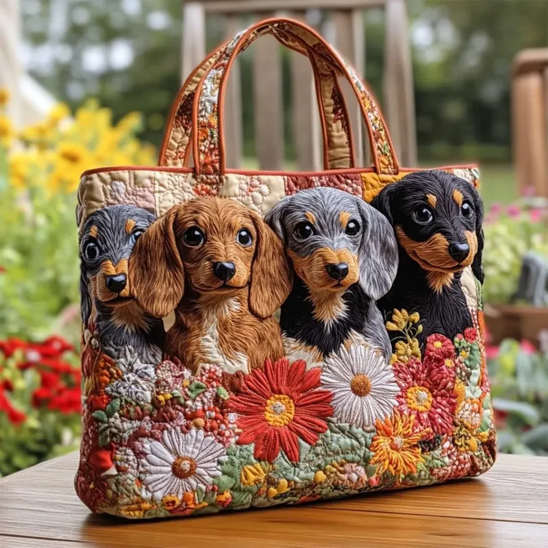 Garden Companions – Quilted Dachshund Blossoms Tote