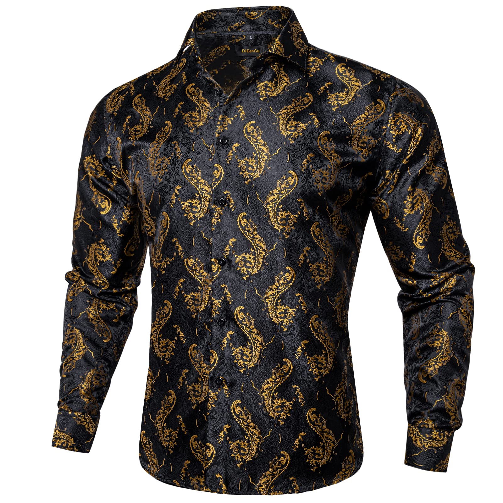 Men's Paisley Dress Shirt Long Sleeve Wrinkle Free Button Down Cowboy Shirts - Black&gold&paisley