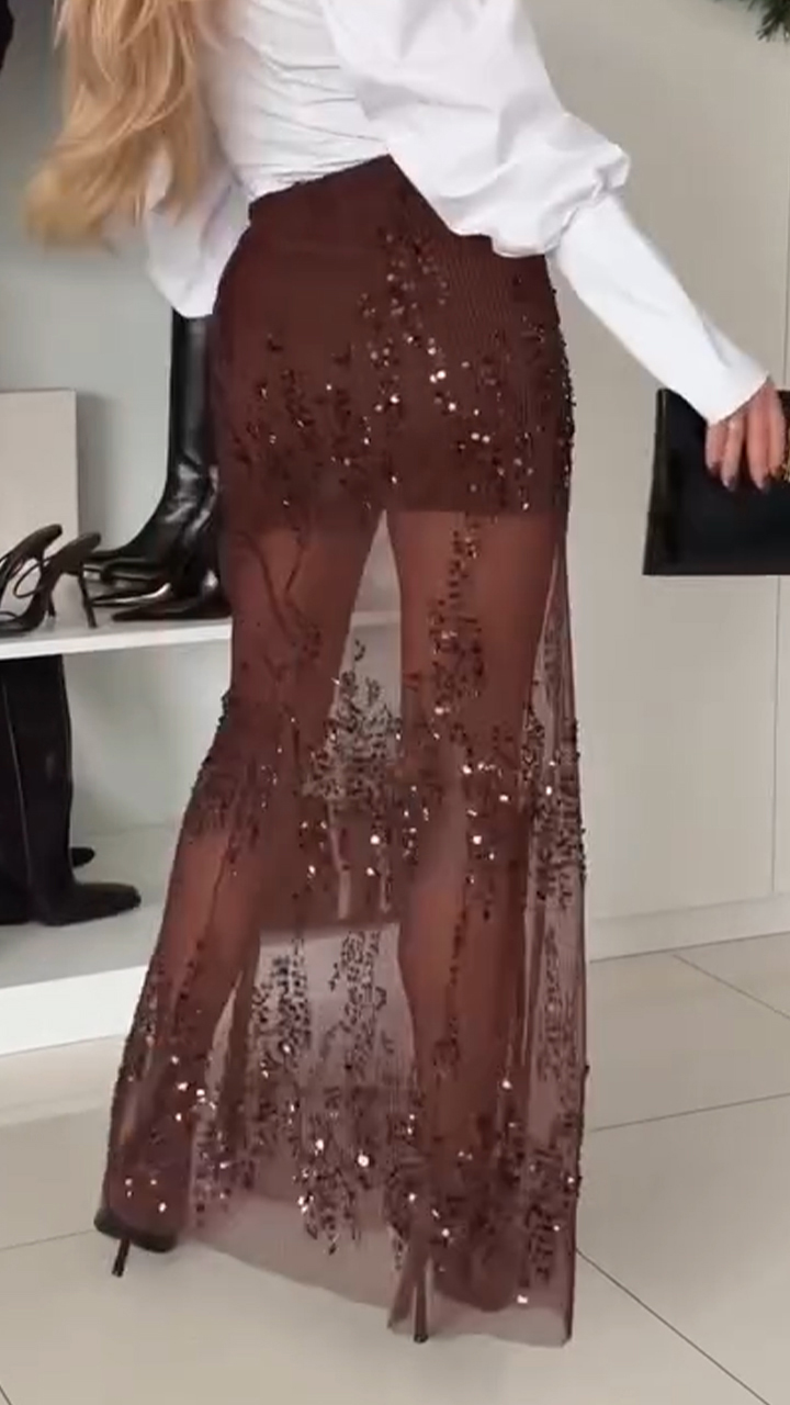 Women Patchwork Sequin Mesh Casual Skirt