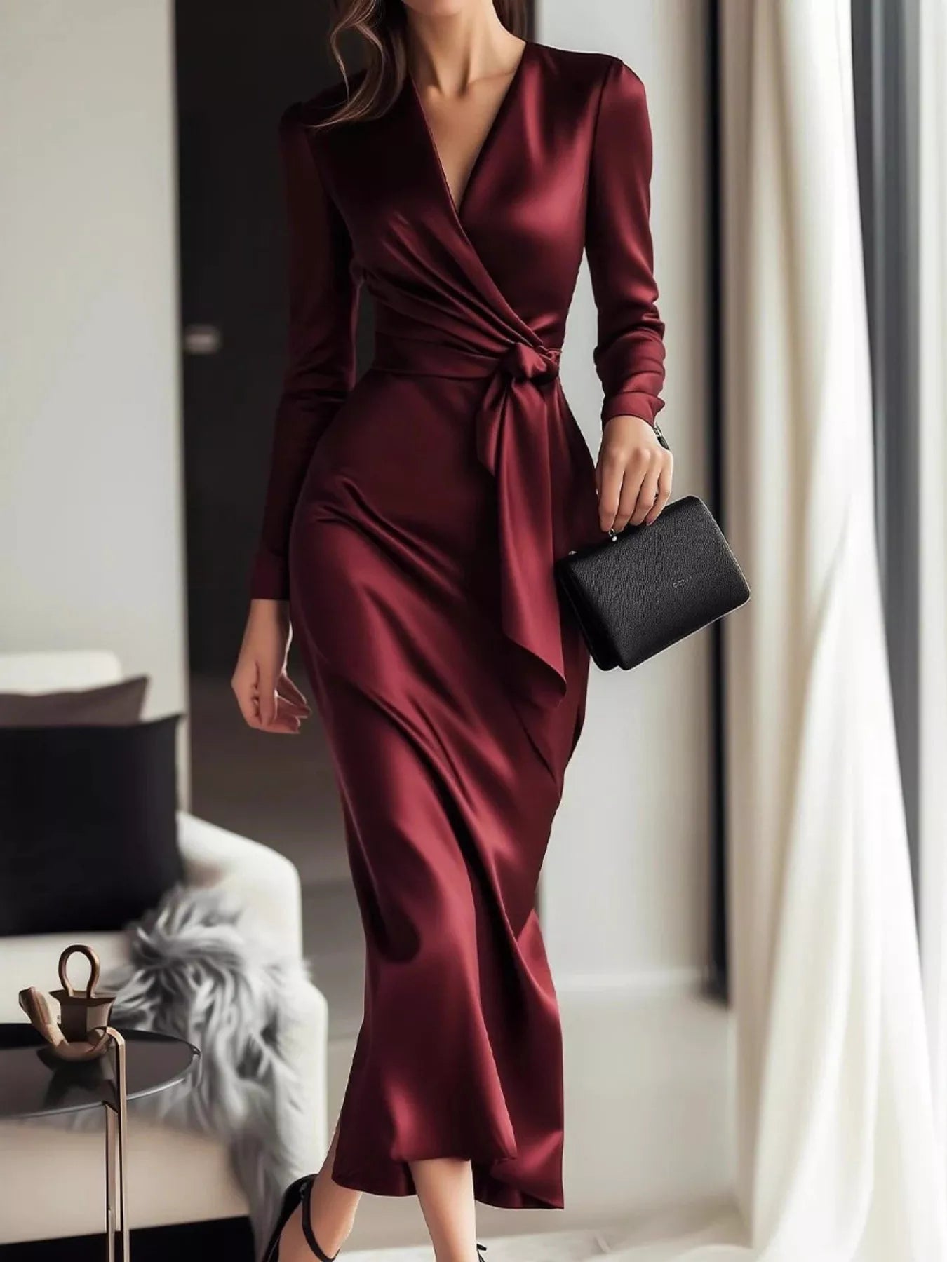 Satin Wrap Long Sleeve Midi Dress