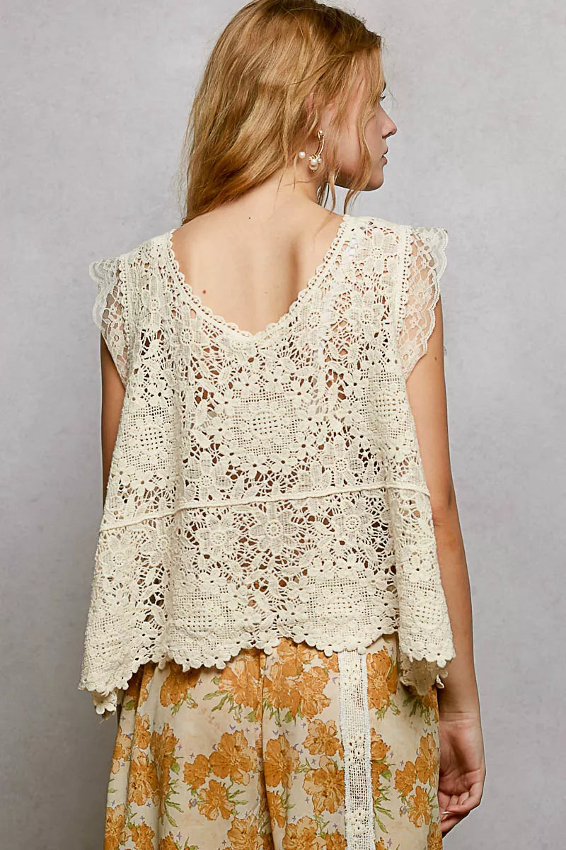 POL Lace Trim Openwork V-Neck Crochet Tank with Scalloped Edge